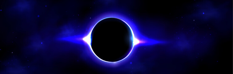 Obraz premium Glowing purple sun moon eclipse on dark background. Circular neon ring showcase celestial corona effect. Realistic 3d vector of astronomical phenomenon with luminous blue ray outlines and sparkles.