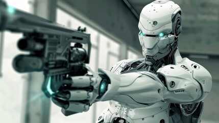 Fototapeta premium White Robot Holding Gun