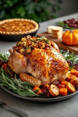 Deliciously roasted turkey with stuffing and fall vegetables