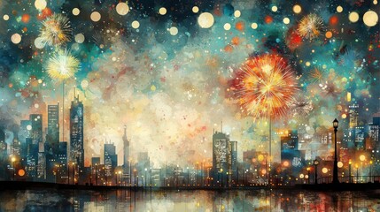 Fototapeta premium New Year 2025, fireworks shining brightly in harmony with city lights, grand celebration, flat design illustration