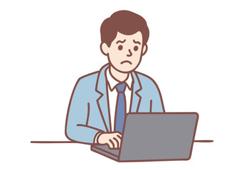 A young businessman is stressed out, standing in front of a desk with a laptop. Hand drawn style vector design illustrations.