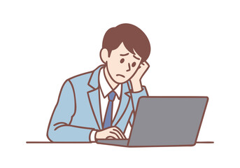 A young businessman is stressed out, standing in front of a desk with a laptop. Hand drawn style vector design illustrations.