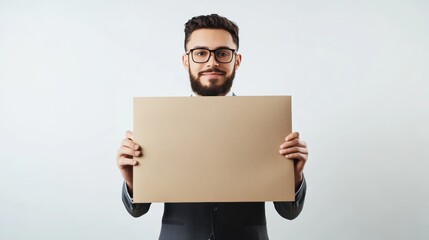 Man in suit holding blank paper, versatile template for business, advertising, and educational use