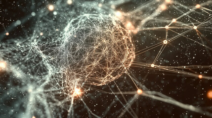 Radiant, flowing abstract structure of connections and nodes over a dark canvas, embodying the cutting-edge advancements in technology, data processing, AI innovations, and IT revolution