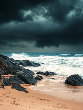A tempestuous sky casts a shadow over an empty shoreline, where relentless waves clash with stones, showcasing natures splendor marred by climate change.