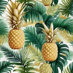Fototapeta premium Vibrant and Delicious: A Journey through Tropical Flavors - Watercolor Illustration With Pine Apples