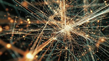Illuminated, intricate web of lines and connections on a dark surface, reflecting the essence of futuristic technology, data integration, AI trends, and IT innovation