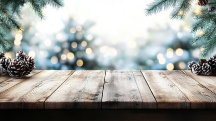 Rustic wooden table with pine cones, a cozy natural arrangement for autumn and winter decor