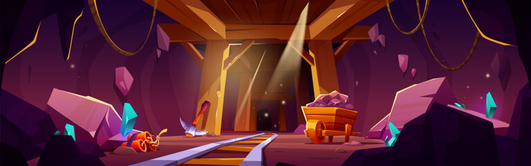 Cartoon mine interior with wooden supports frame tunnel entrance, rails lead into dark passage, minecart filled with resource, gem crystals in rock walls, dynamite bundle nearby. Adventure game level.