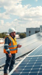 Technician talking to colleague on the roof of a company building with solar panels solar panel Ultra realistic Photorealistic 