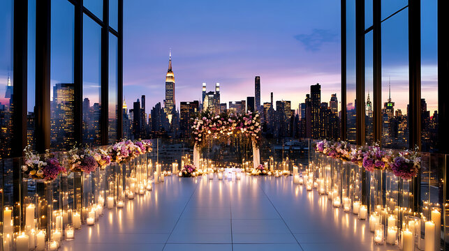 stunning rooftop wedding venue adorned with candles and flowers, overlooking city skyline