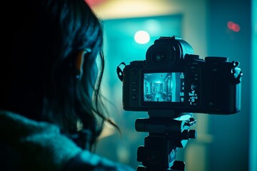Close-up shot of a camera operator filming a person engaging in conversation, seen through the viewfinder, capturing precise details and interactions without using natural light