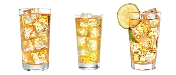 Ginger ale with ice cubes and lime at the rim isolated on white transparent background. Perfect for beverage promotions.
