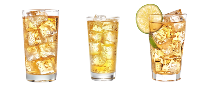Ginger ale with ice cubes and lime at the rim isolated on white transparent background. Perfect for beverage promotions.