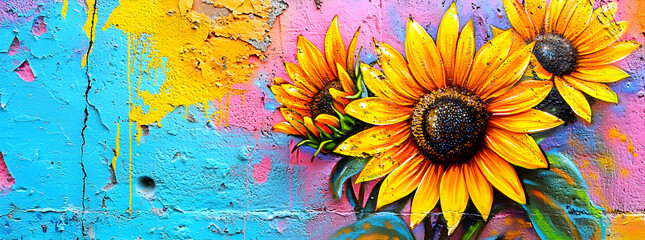 Vibrant yellow sunflowers painted on a colorful, weathered wall.