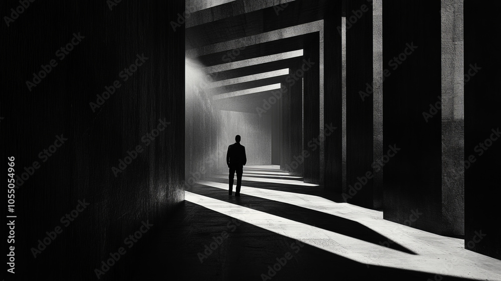 Wall mural abstract noir geometric architecture hallway a single man silhouette black and white with light shad