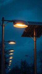 Street lights using solar panel energy generator solar panel Ultra realistic Photorealistic 