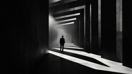 Abstract noir geometric architecture hallway a single man silhouette black and white with light shadows angles lines negative space copy space mental health illness depression loneliness concepts	