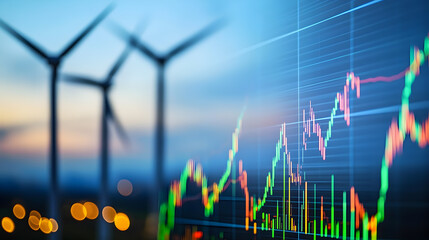 Wind turbines and stock market graph showing the growing energy sector.