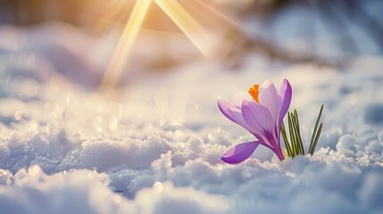 A Purple Crocus Flower Blooming Through the Snow