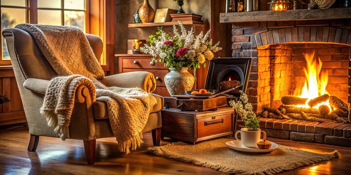 A cozy armchair draped in a soft blanket sits invitingly before a roaring fireplace, a delicate bouquet of flowers adding a touch of elegance to the warm and inviting scene.