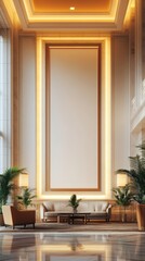 A minimalistic banner mockup is elegantly placed on a wall in a tastefully designed lobby