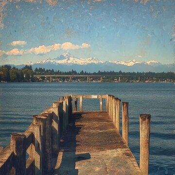 Pier on Lake Washington, Seattle, with I-90 bridge.