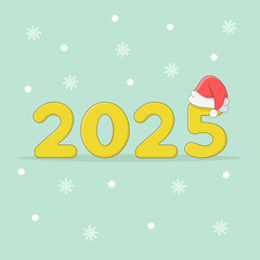 Cute numbers 2025 with Santa hat and snowflakes in the background. Happy New Year vector illustration.