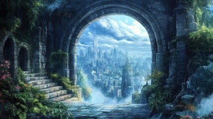 Naklejka premium Stone Archway Leading to a City in the Clouds