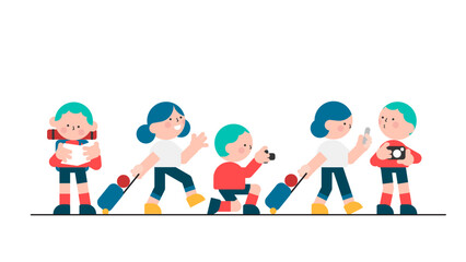 Tourists and travelers characters, people travel, hiking, excursion trip. Men and women group with backpacks, luggage, map and photo cameras traveling abroad, Line art flat vector illustration.