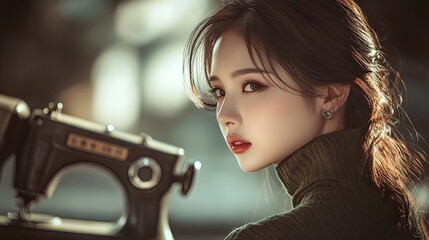 Portrait of a Woman with Long Brown Hair and a Sewing Machine in the Foreground