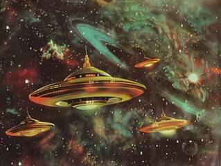 Retro space alien flying saucers zooming through outer space 1960s campy fun color tv show kids comic book cartoon storybook vintage science fiction illustration style