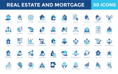 Real estate and mortgage icon set with mortgage loan, mortgage rates, refinance, loan approval, fixed rate mortgage, adjustable rate mortgage, mortgage broker icon. Simple flat vector 
