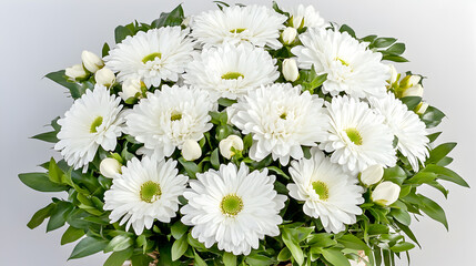 Fototapeta premium A bouquet of white daisies with green leaves against a white background.