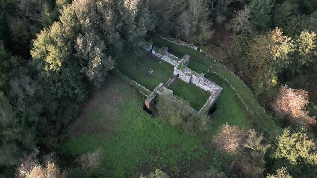 Drone view of Iglesia de la Ascensi&oacute;n ruins, a historical site in Santa Mari&ntilde;a de Augas Santas, Allariz.