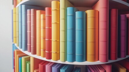 A vibrant rotating bookshelf filled with an assortment of books stands out against a pristine white backdrop, embodying contemporary home organization and style.