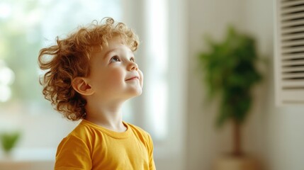 Curious and carefree young boy playing and exploring a comfortable clean and well ventilated indoor environment with sunlight filtering through the window and air conditioning system providing a safe