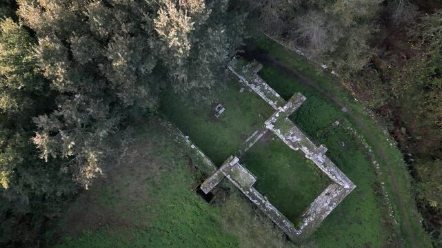 Drone footage of the remains of Iglesia de la Ascensi&oacute;n in Santa Mari&ntilde;a de Augas Santas, Allariz, Galicia.