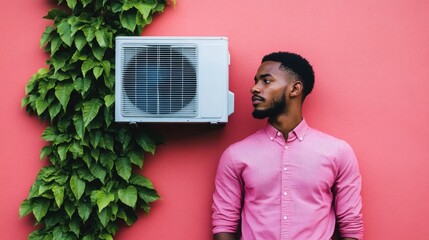Portrait of a man adjusting the air conditioner in his home enjoying the cool and clean breeze with a deep depth of field showcasing the surrounding greenery and residential setting