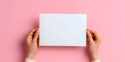 Obraz premium Female hands holding a blank white sheet of paper on a pastel pink background, perfect for advertising, branding, or showcasing your message in creative promotional or editorial projects