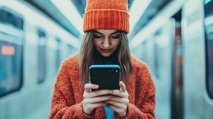 A young woman commuting on a subway train deeply engrossed in scrolling through her smartphone and social media while on the move with a blurred unfocused background showcasing the depth of field