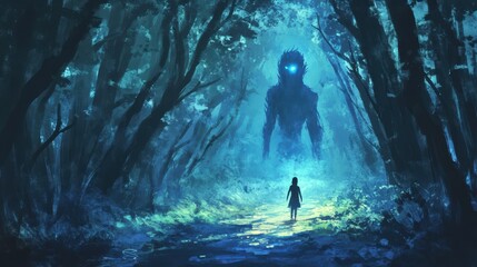 A Lone Figure Approaches a Glowing Monster in a Dark Forest