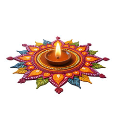 Decorative Diya Lamp Surrounded by Colorful Floral Rangoli Design