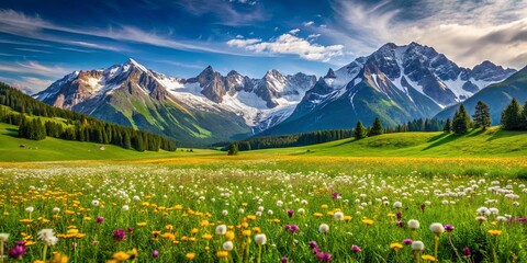 A verdant meadow bursting with wildflowers, nestled against a backdrop of snow-capped mountains, under a sky painted with clouds and sunlight.