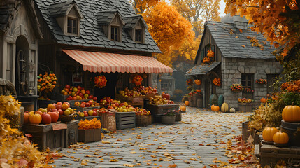 A charming autumnal street scene with a fruit stand overflowing with produce and pumpkins, cobblestone streets lined with fallen leaves, and stone houses with red awnings.
