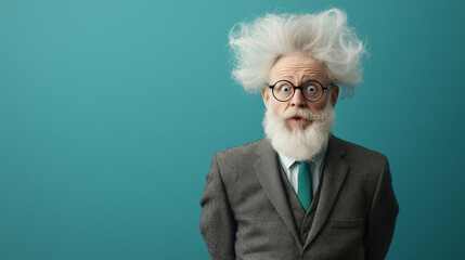 eccentric mad scientist set against a solid green felt background, showcasing their quirky personality and wild inventions. Ideal for promoting creativity, science events, or educational materials.