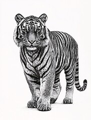Obraz premium A stunning illustration of a regal tiger with intricate stripes and a captivating expression, set against a white background.