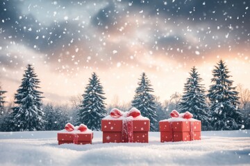 Snowy winter landscape with pine trees covered in snow, gift boxes in the foreground, and a cloudy sky with falling snowflakes