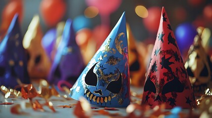 Halloween playful party hats and masks scattered on a festive table