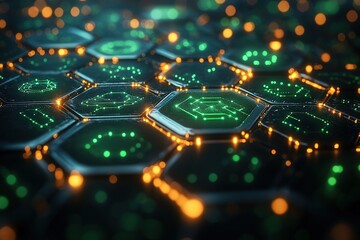 Abstract hexagonal grid with glowing green icons and orange lights.